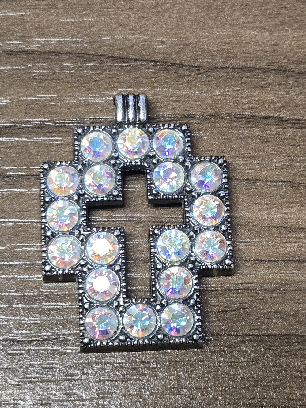 Iridescent Rhinestone Cross Pendant in Silver-Tone
